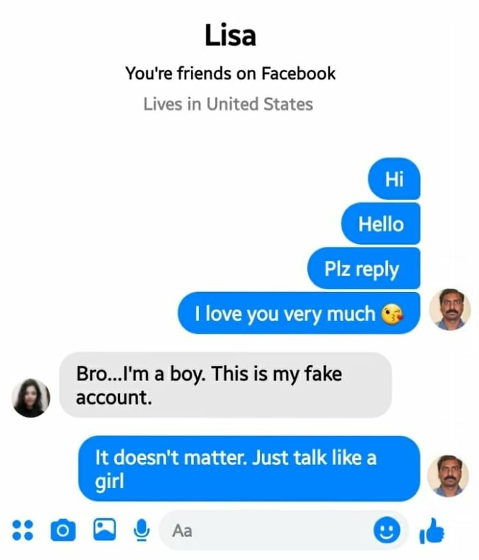 Funny memes conversation screenshot showing a man messaging a fake Facebook account with idealist humor.