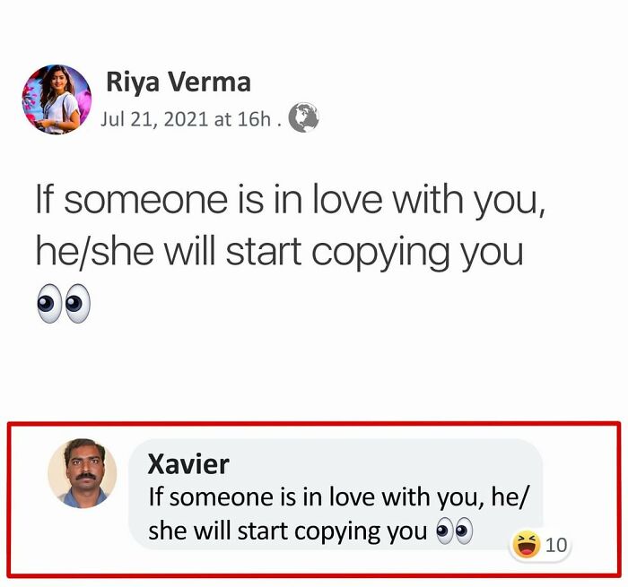 Xavier humorously responds by repeating a post about love and copying, generating laughter.