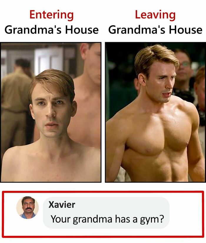 "Xavier humorously comments on transformation entering and leaving grandma's house."