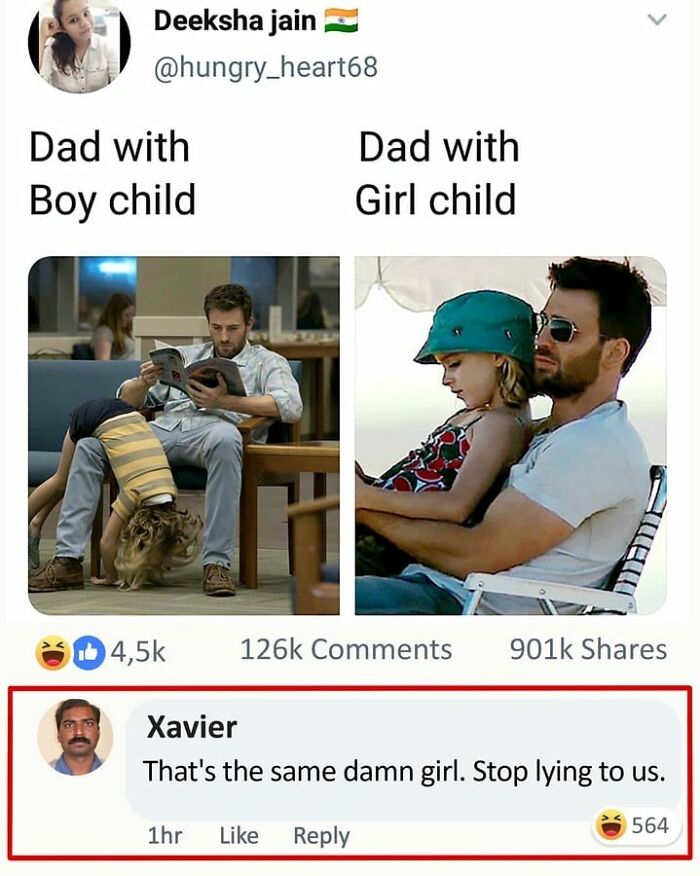 Social media meme comparing dad with boy child and dad with girl child, featuring a funny memes idealist comment by Xavier.