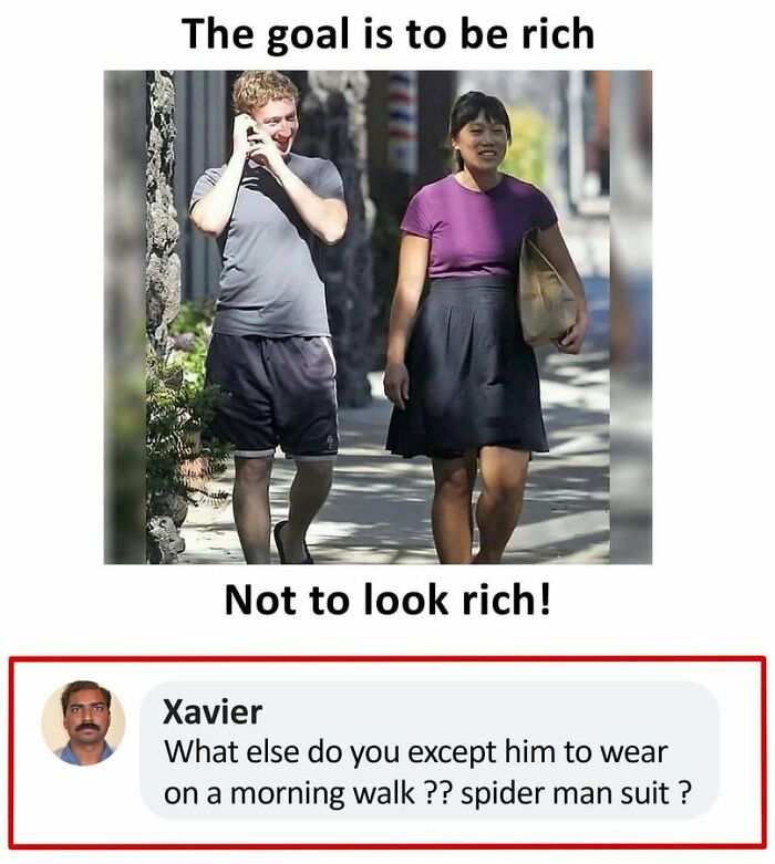 Xavier's hilarious reply to a comment about morning walk attire with humorous text overlay.