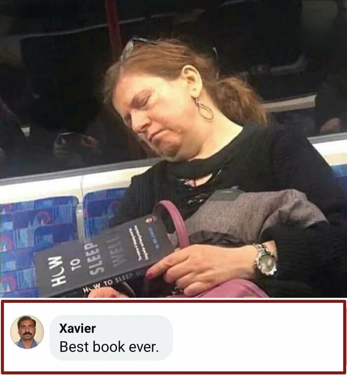 Woman asleep on public transport holding a book titled "How to Sleep Well," with a humorous reply from Xavier saying, "Best book ever."