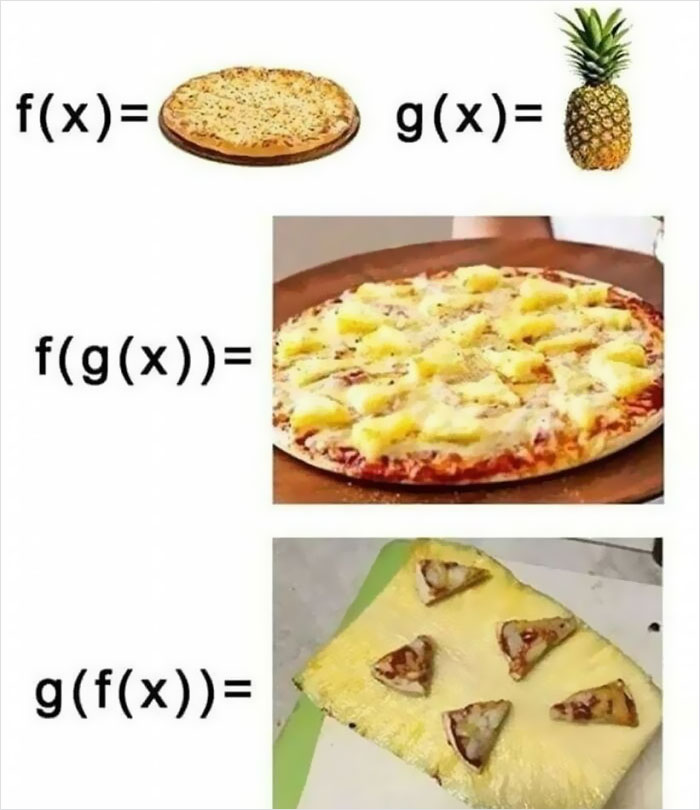 A humorous educational meme involving pizza and pineapple illustrating mathematical functions and compositions.