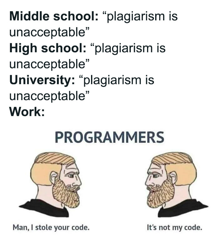 Educational memes humor about plagiarism from school to work, featuring two identical cartoon heads labeled "man, I stole your code."