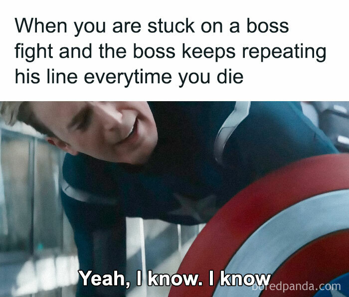 A relatable gaming meme about boss fights, featuring a frustrated character holding a shield.