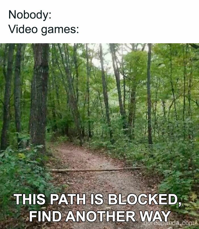 A forest path blocked by a small branch with text overlay: "This path is blocked, find another way." Gaming memes humor.