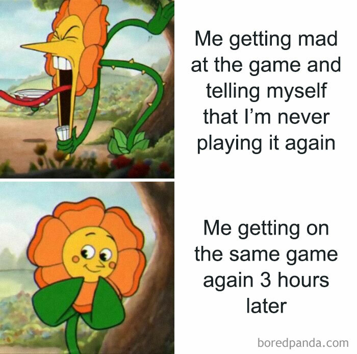 Cartoon flower expressing frustration and returning to gaming, illustrating relatable gaming experiences.