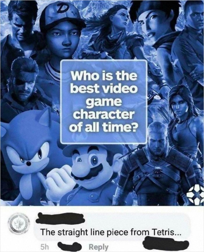 Collage of video game characters with humorous comment highlighting gaming memes.