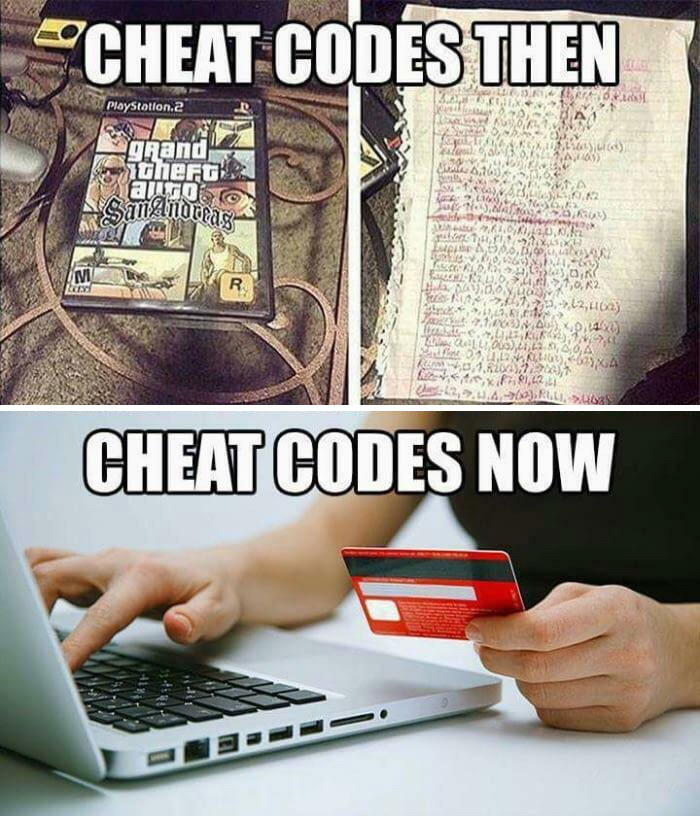 Gaming memes contrasting old cheat codes with new in-game purchases.