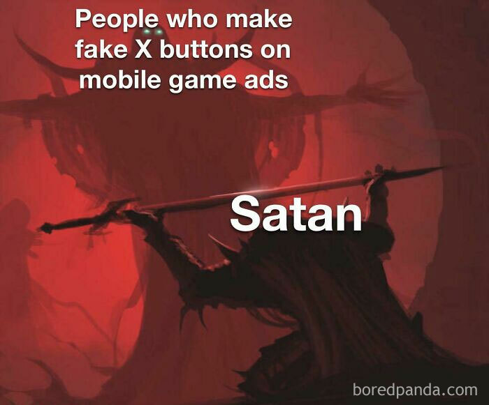 Gaming meme depicting a figure labeled "Satan," mocking fake X buttons on mobile game ads.