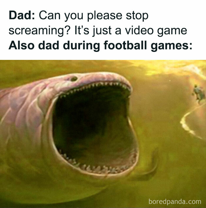 Dad's reaction meme comparing video game screaming to football excitement, featuring a giant sea creature.