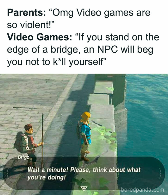 Relatable gaming meme showing a game character warning another near a bridge, highlighting video games' positive messages.