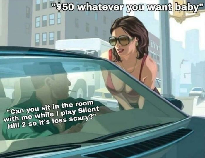 Gaming meme showing a woman and a driver discussing playing Silent Hill 2 to reduce fear.