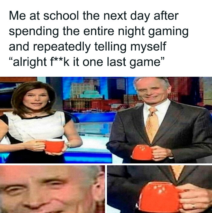 News anchors holding red mugs with text about late-night gaming habits, creating a relatable gaming meme moment.