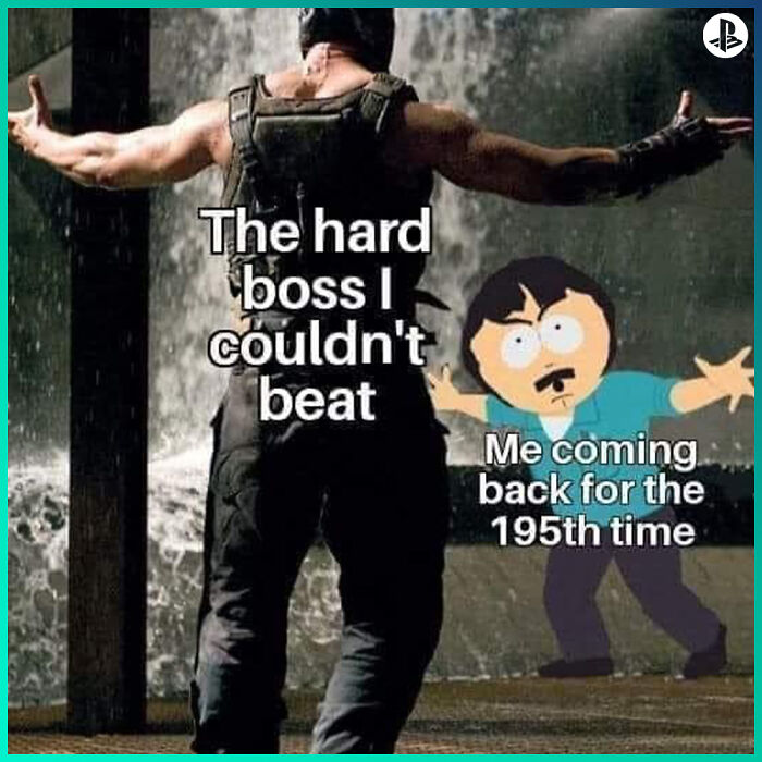 Gamer facing a challenging boss, with a character repeatedly trying again, illustrating relatable gaming moments.