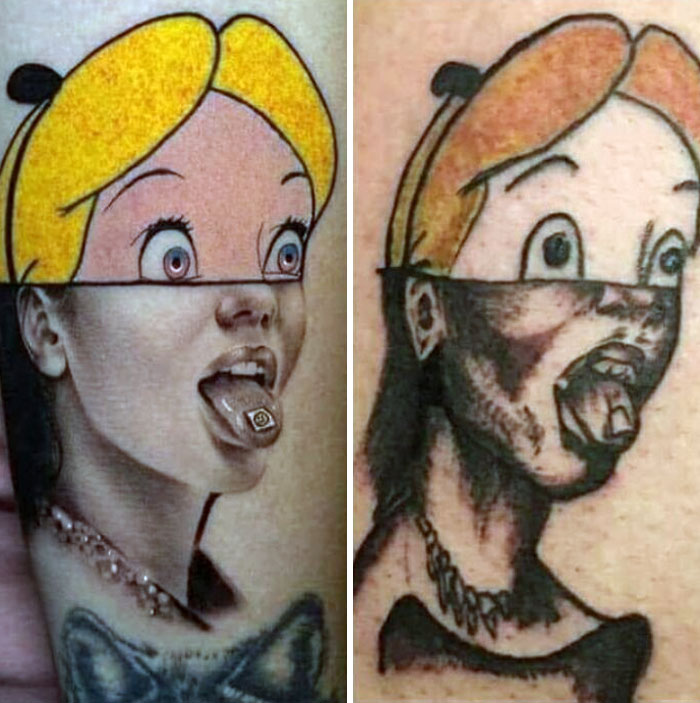 Inked mistake: side-by-side comparison of a vibrant cartoon tattoo with its faded and distorted version.