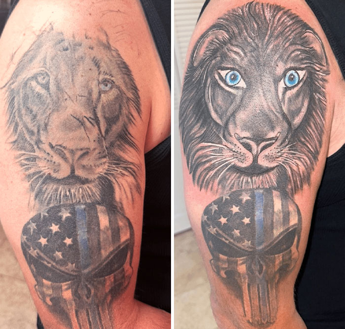 Lion tattoo with American flag emblem before and after enhancement, highlighting common mistakes in getting inked.