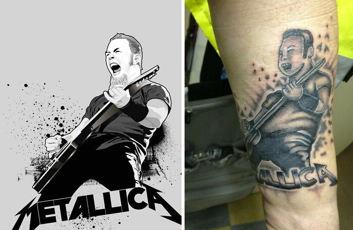 Tattoo mistake showcasing a distorted band design on someone's arm.