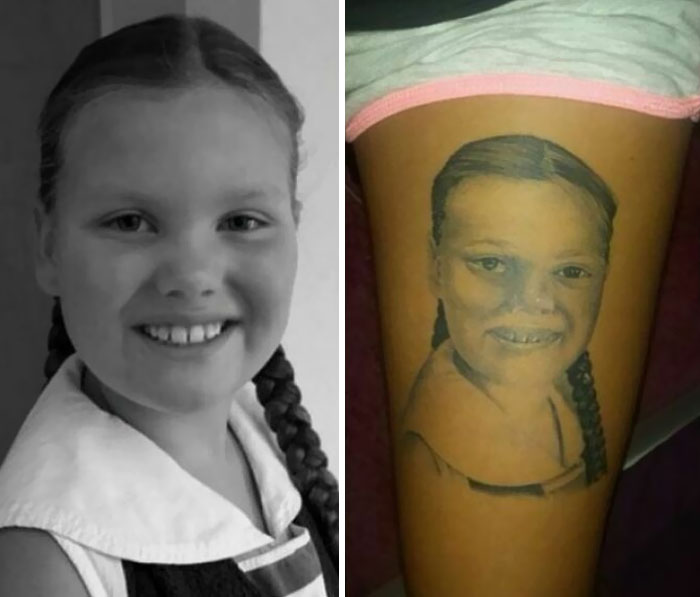 Child's photo beside a tattoo attempt, illustrating a common tattoo mistake.