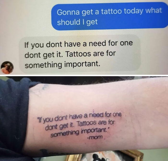 Text message advice tattooed on arm, a permanent ink mistake.
