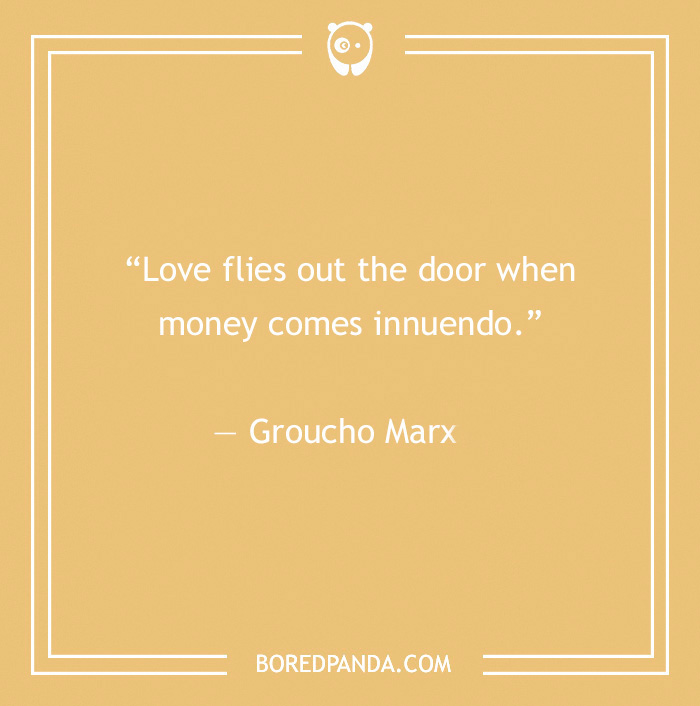Groucho Marx quote about love and money on a beige background, featured in 60 Groucho Marx quotes for humor.
