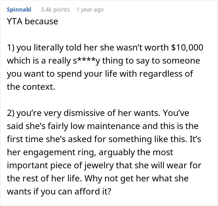 Guy Refuses To Spend $10k On An Engagement Ring, Gets A Reality Check Online