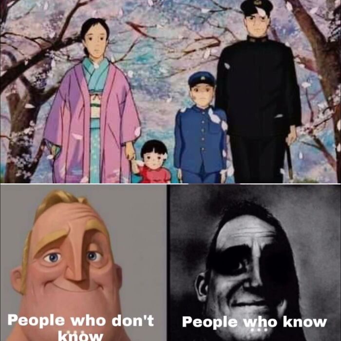 Studio Ghibli meme with split images of an anime family and contrasting facial expressions, humorously labeled.