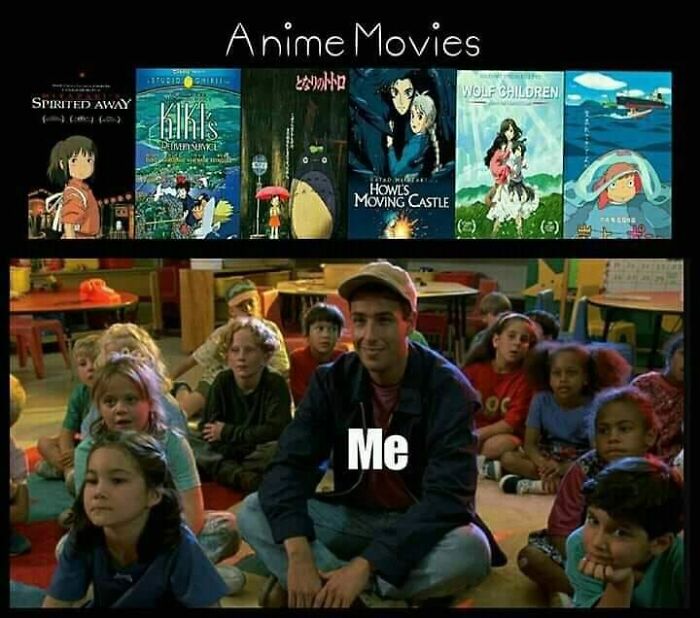 Studio Ghibli meme: Adult sitting among children watching anime movies, labeled "Me".