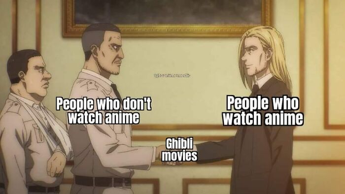 Anime characters shaking hands, labeled "Ghibli movies," between "People who don't watch anime" and "People who watch anime."