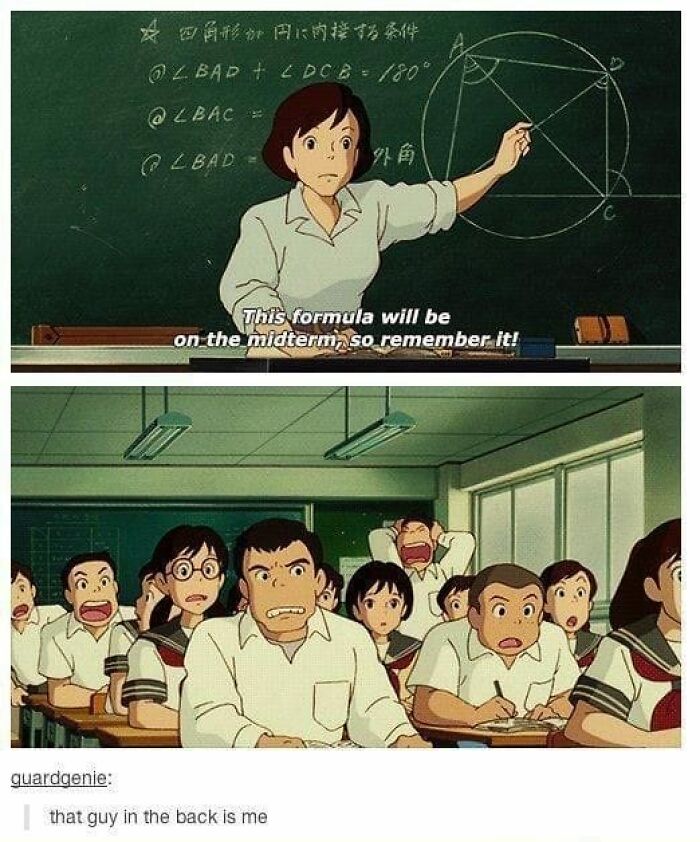 Studio Ghibli meme showing a teacher pointing at a chalkboard and shocked students in a classroom setting.