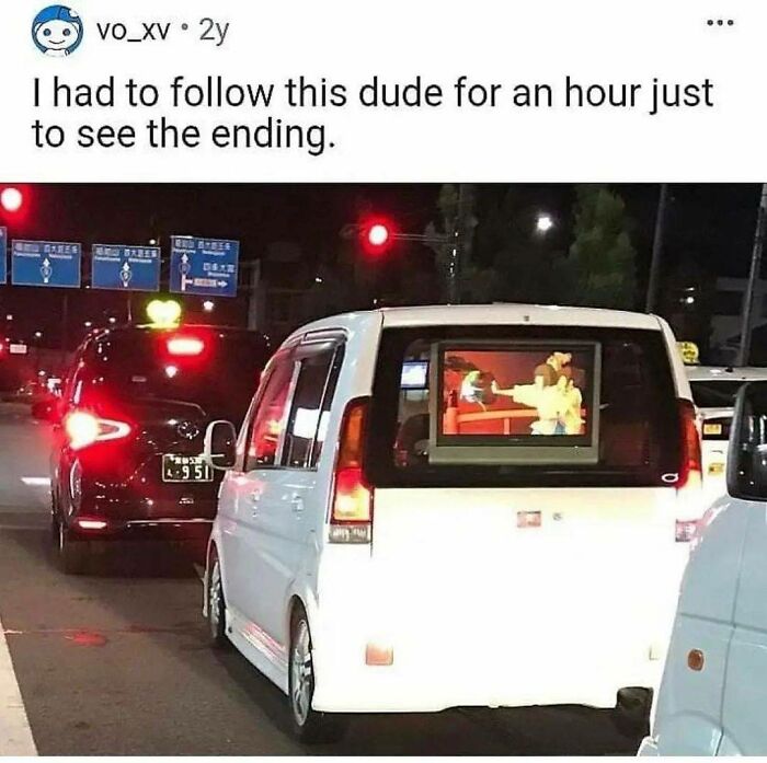 Car with a TV screen playing Studio Ghibli film, humorous meme text about following to see the ending.