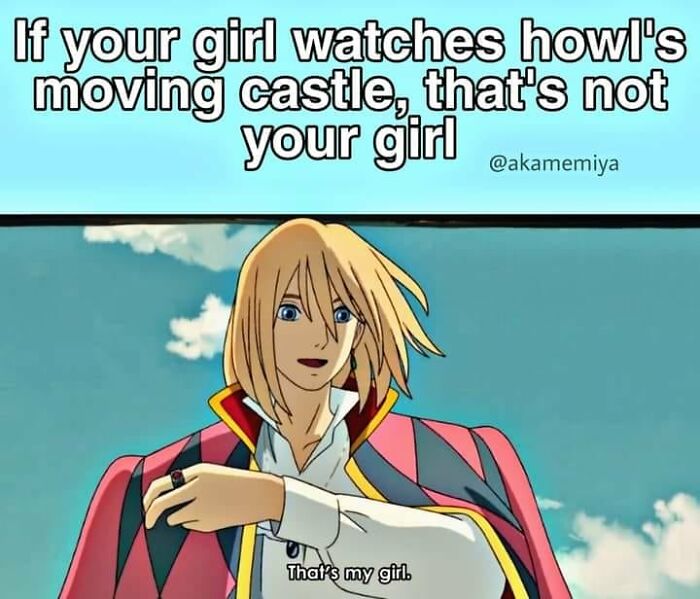 Howl in a colorful outfit with text about girls watching "Howl's Moving Castle," referencing Studio Ghibli humor.