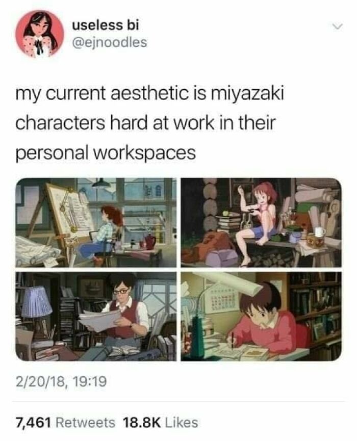 Studio Ghibli characters focused on creative work in various personal workspaces.