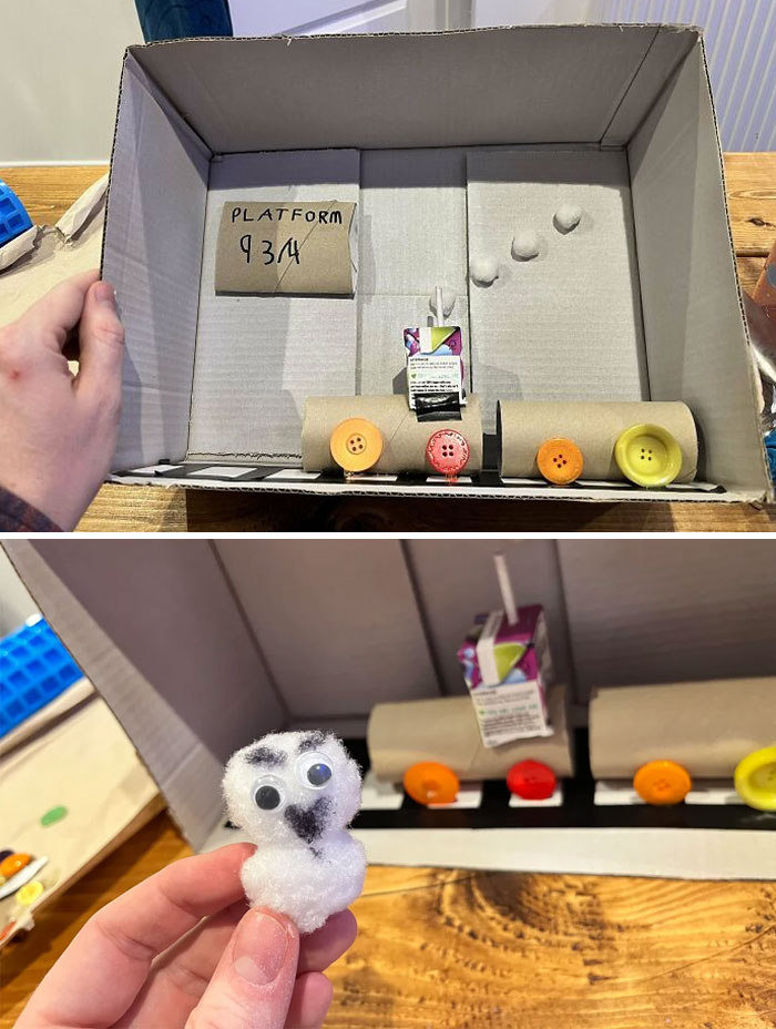 My Son Tells Me (An Hour Before Bed) That He Needs A Cardboard Model Of His Favourite Book For School Tomorrow. Think We Can All Agree I Nailed It, Especially Hedwig