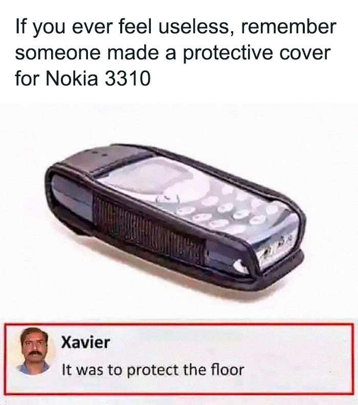Protective cover made for Nokia 3310 phone shown with funny science humor joke comment.