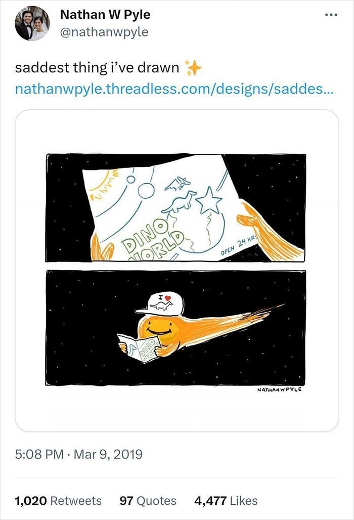 Cartoon comet wearing a dinosaur hat reading a Dino World brochure in space, science humor joke concept.