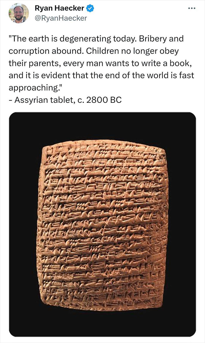 Tweet humor about the end of the world with an ancient Assyrian tablet featuring science humor jokes.