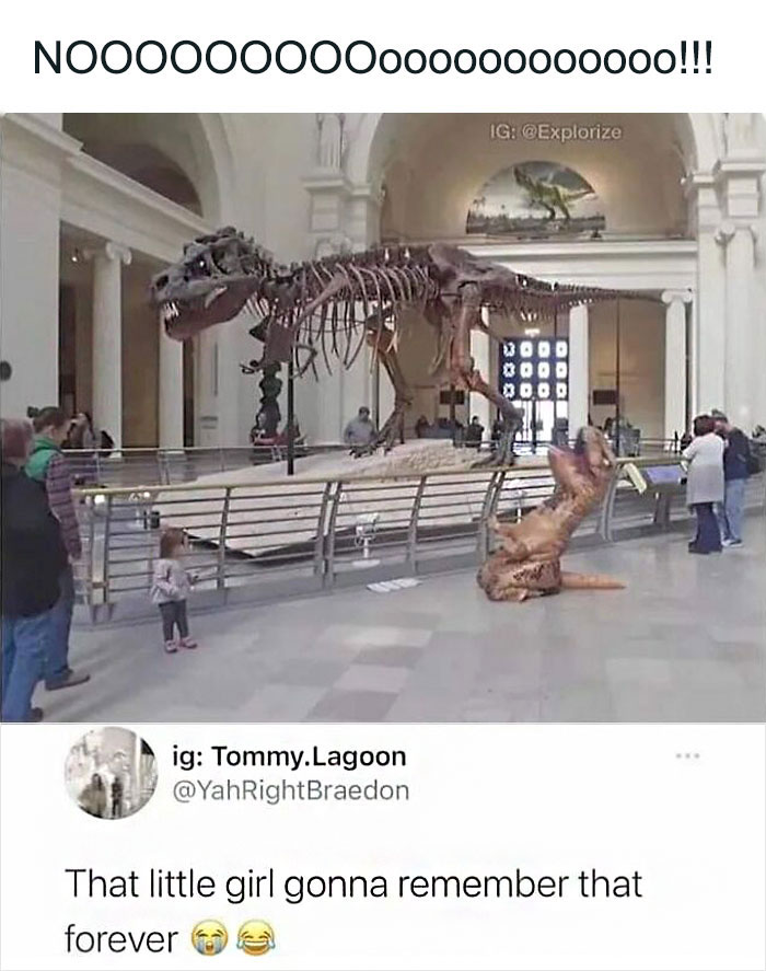 Dinosaur skeleton in museum with a person in an inflatable dinosaur costume falling, featured in science humor jokes meme.