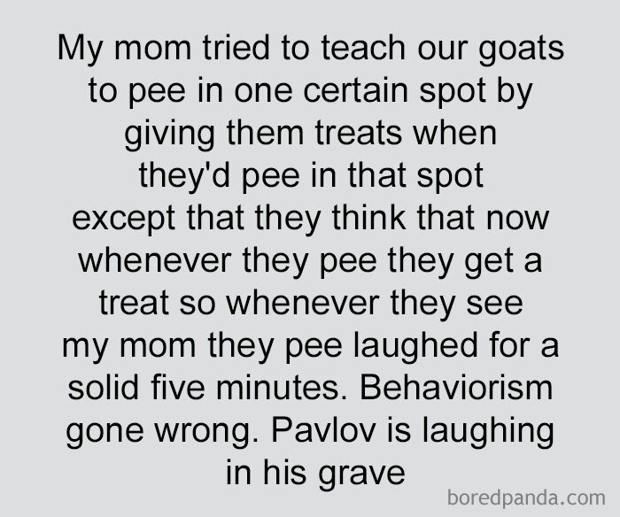 Text-based science humor joke about behaviorism with goats and Pavlov referenced for science humor jokes.