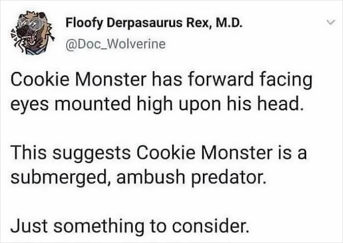 Tweet humorously analyzing Cookie Monster's eyes, blending science humor jokes with easy-to-understand predator traits.