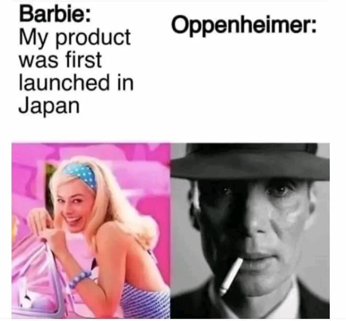 Meme comparing Barbie's product launch to Oppenheimer's serious expression, highlighting science humor jokes.