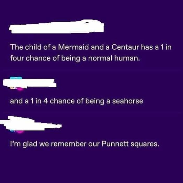 Funny science humor joke about a mermaid and centaur’s offspring and Punnett squares on a purple background.