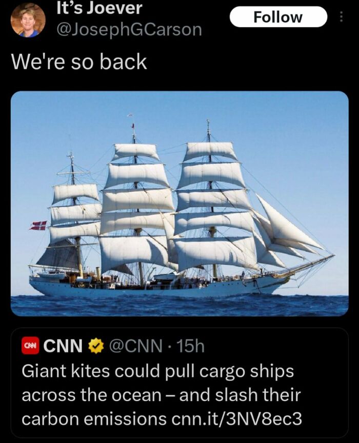 Sailing ship with full sails on ocean illustrating science humor about giant kites pulling cargo ships to reduce emissions.