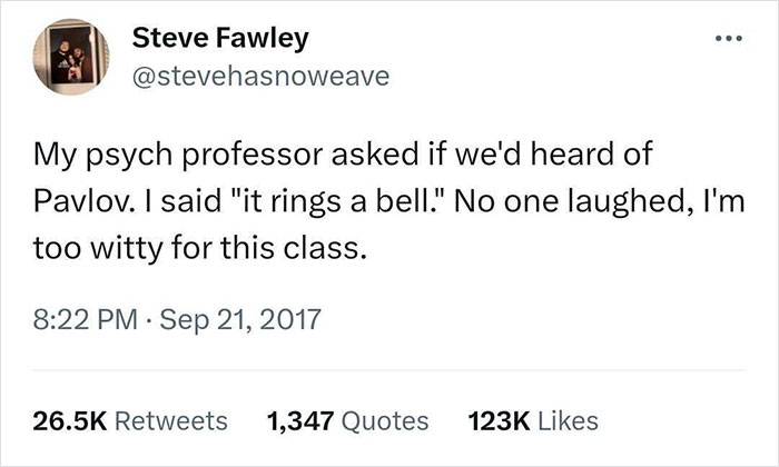 Tweet with a science humor joke about Pavlov, showcasing witty science humor without requiring a high IQ to understand.