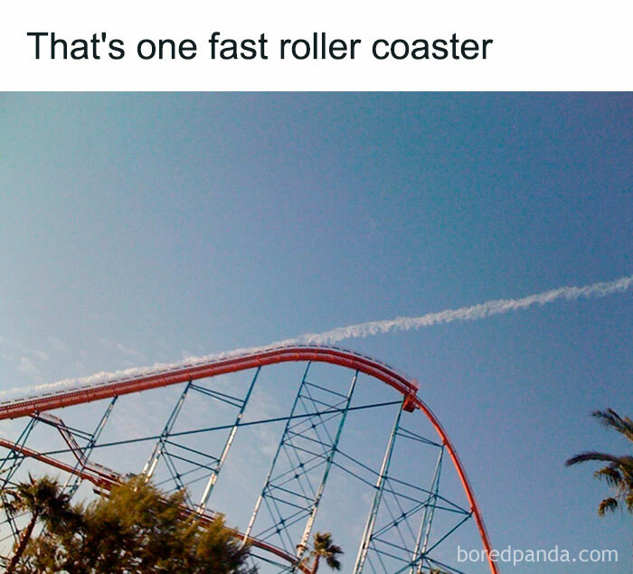 Roller coaster under clear sky with humor caption, showcasing science humor jokes for easy understanding and fun.