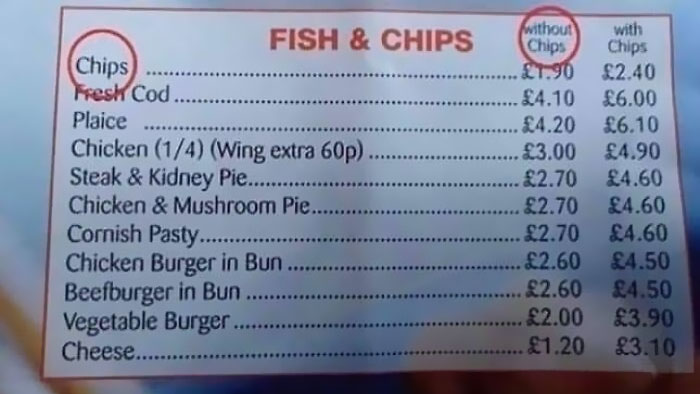 Menu showing fish and chips prices, humorously highlighting the option of chips without chips in science humor jokes context.