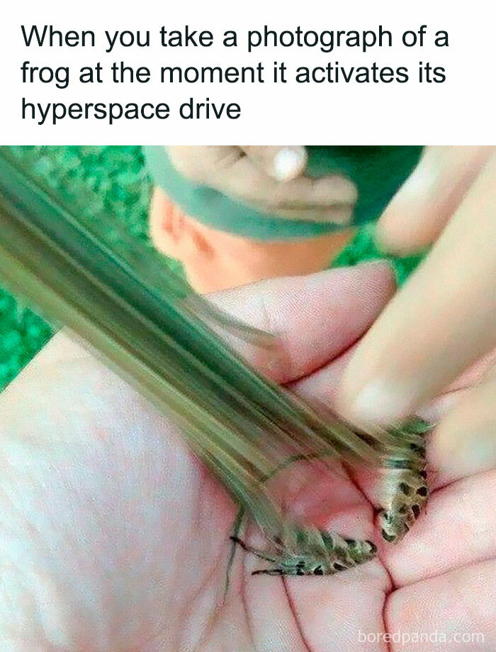 Blurred photo of a frog's legs in motion held by a hand, illustrating science humor jokes with a playful twist.