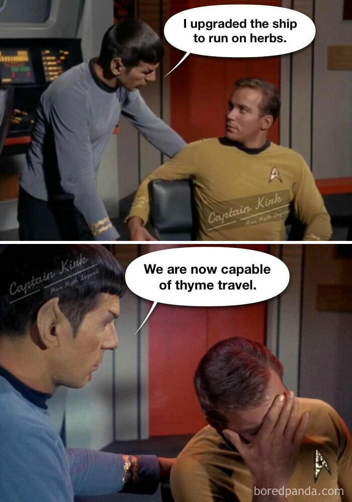 Star Trek characters sharing science humor jokes about running a ship on herbs and thyme travel.