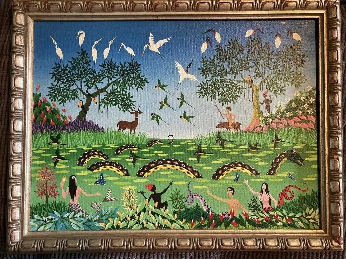 At Unique Thrift In Maryland. The Colors And Serpent People Make Me So Happy. Bought For 13. Now I Have To Redesign My Entire House Around It, So Not Much Of A Bargain, I Suppose. No Bananas Today. Totally Against All Rules, But It Measures 12x16”