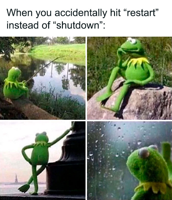 Kermit the Frog memes showing contemplation in various outdoor settings.